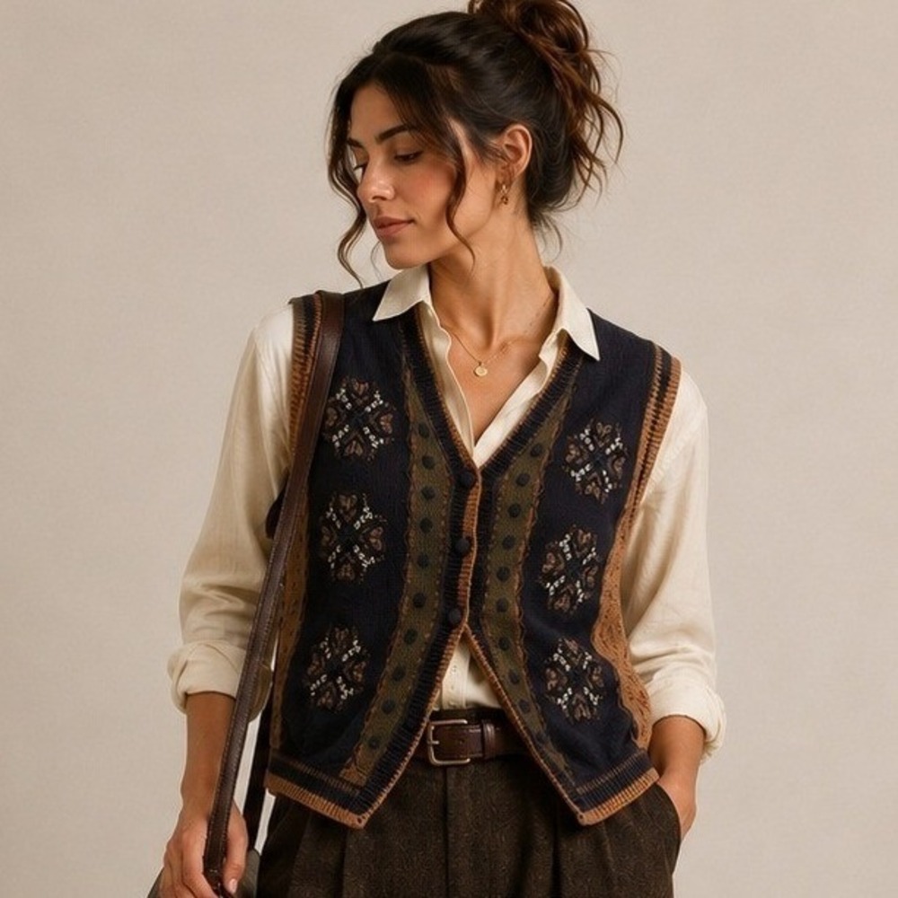 Vintage Cottage Hand Embroidered Floral Heart Sweater Vest Navy Teacher XL